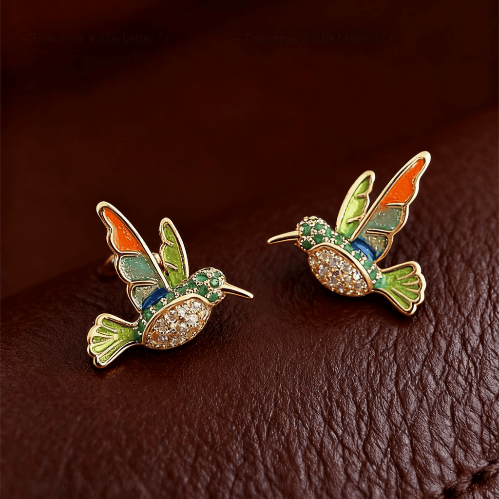 Colorful Enamel Hummingbird Stud Earrings with Rhinestones - zoominizoo