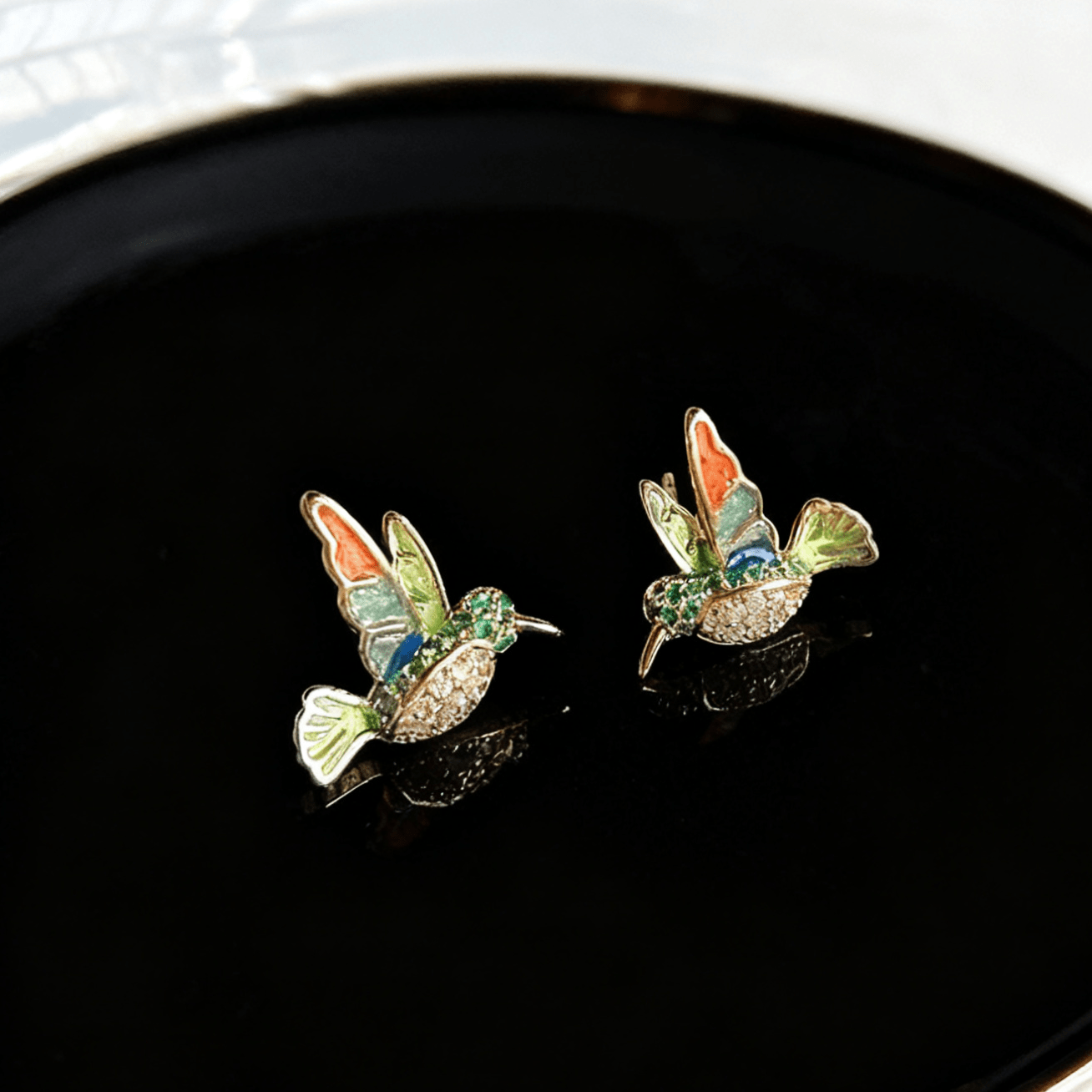 Colorful Enamel Hummingbird Stud Earrings with Rhinestones - zoominizoo