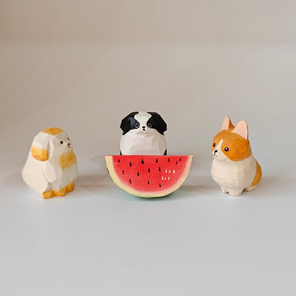 Handmade Wooden Dog Figurines Set (3 Pcs) - Cute Puppy Sculptures with Free Wooden Watermelon Gift - zoominizoo