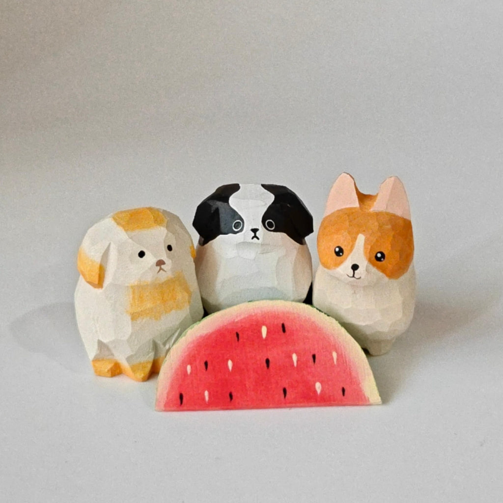 Handmade Wooden Dog Figurines Set (3 Pcs) - Cute Puppy Sculptures with Free Wooden Watermelon Gift - zoominizoo