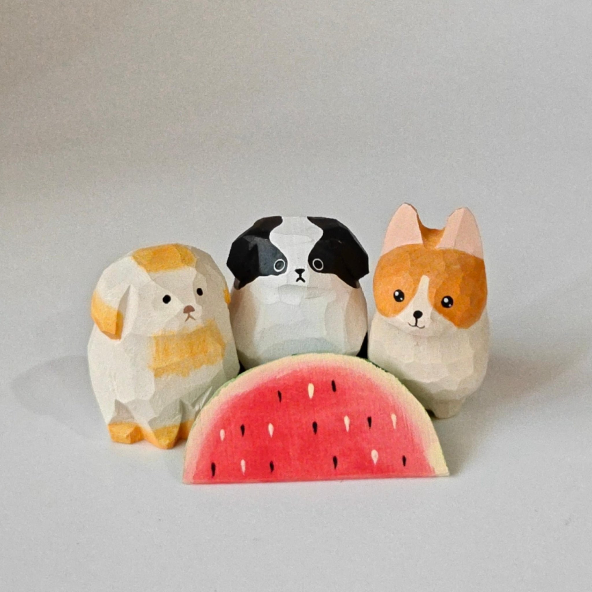 Handmade Wooden Dog Figurines Set (3 Pcs) - Cute Puppy Sculptures with Free Wooden Watermelon Gift - zoominizoo