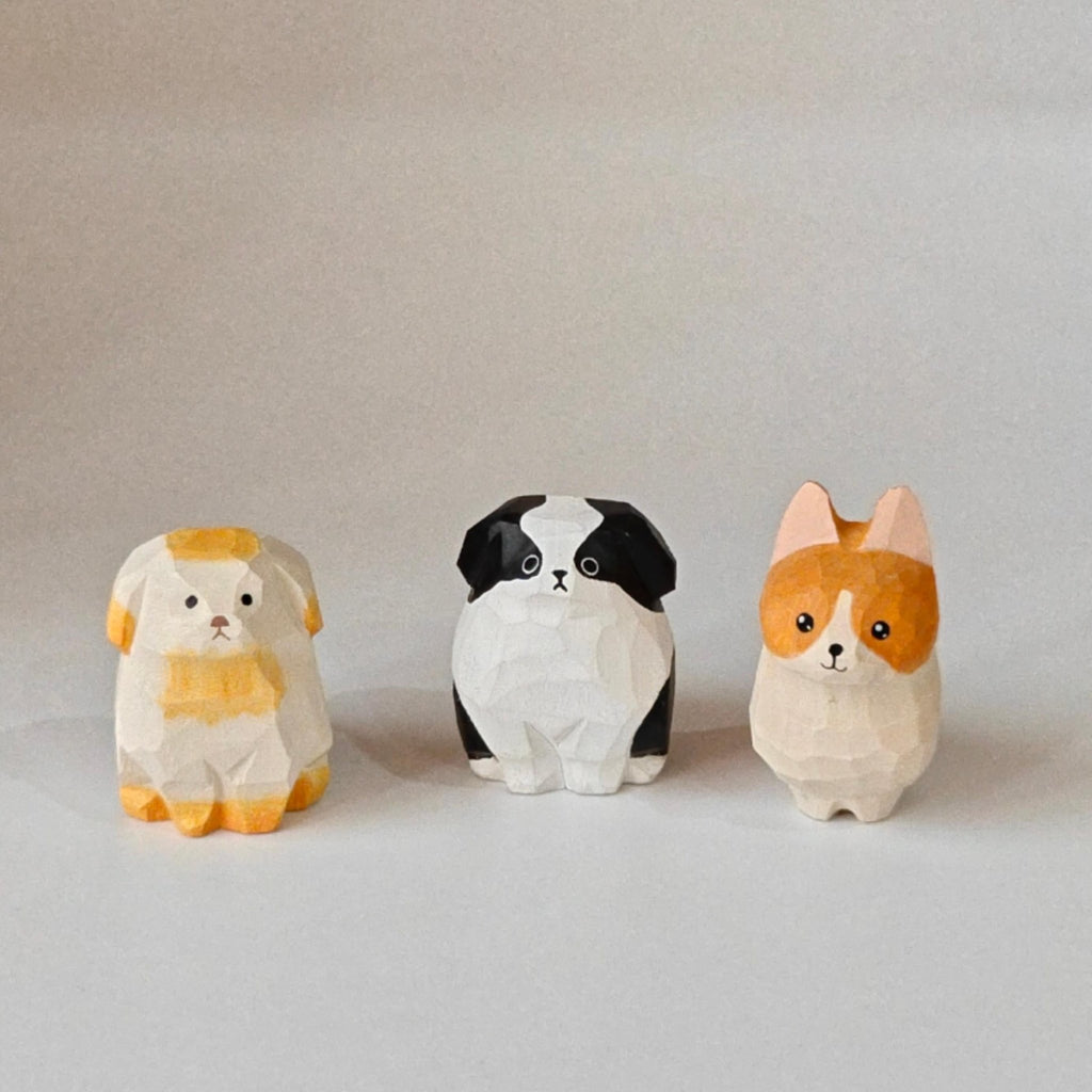Handmade Wooden Dog Figurines Set (3 Pcs) - Cute Puppy Sculptures with Free Wooden Watermelon Gift - zoominizoo